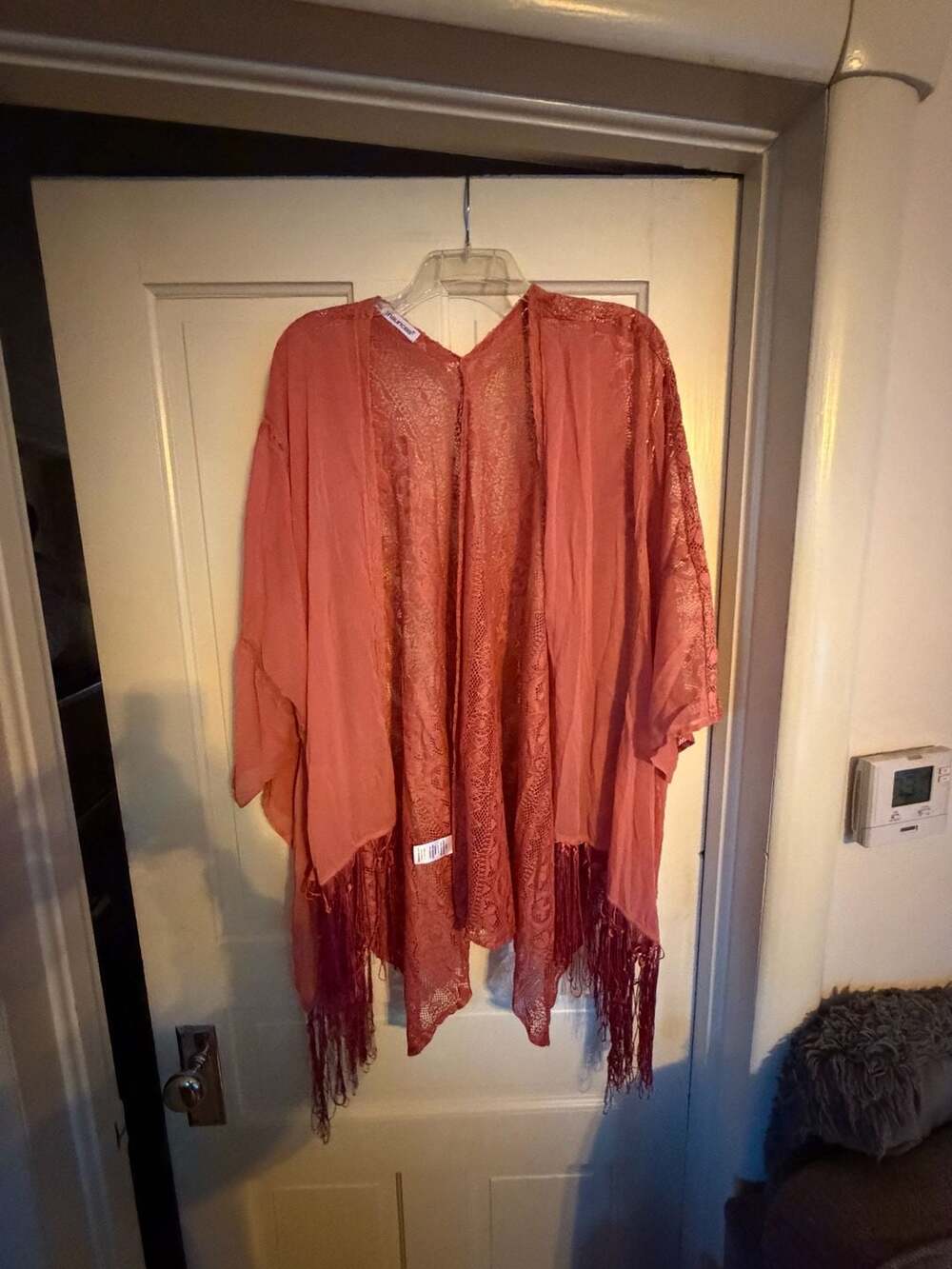 Maurices Kimono Cardigan Size 0/1 Rust Pink Lace Fringe Boho Open Front
